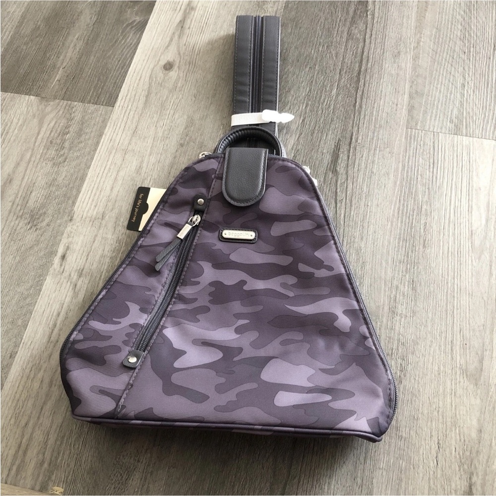 baggallini Nylon Gray Camouflage Metro Backpack Sling Bag ZA Closure NWT